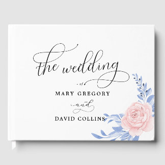 Libro De Visitas Boda Rústico De Flor Rosa Elegante Y Azul Dusto