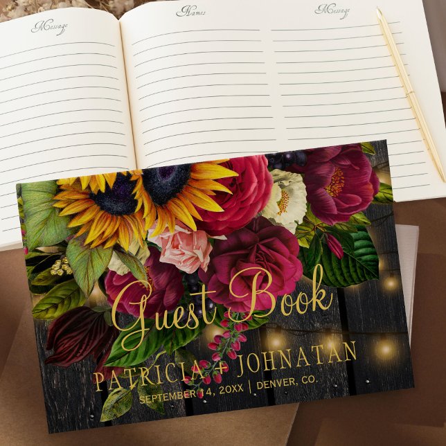 Libro De Visitas Boda rústico floral elegante de madera borgoñona (Subido por el creador)