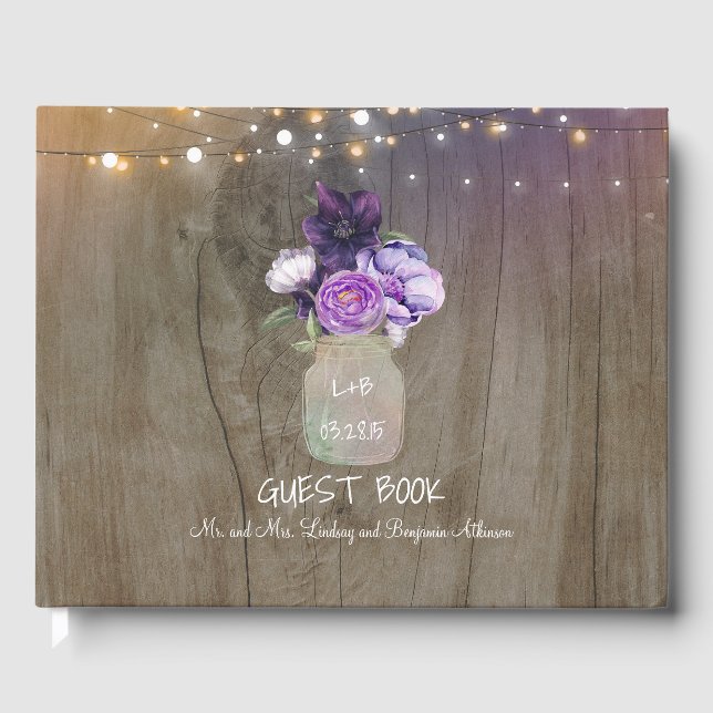 Libro De Visitas Boda Rústico Morple Floral Mason Jar (Anverso)