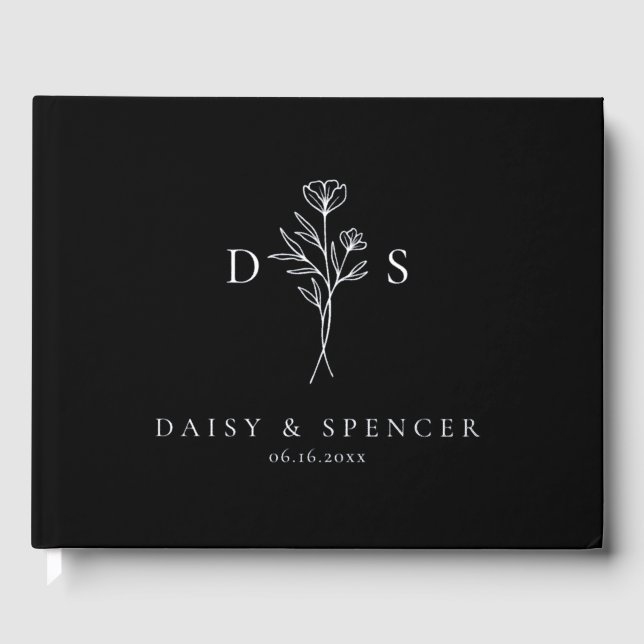 Libro De Visitas Boda simple de monograma floral negro moderno (Anverso)