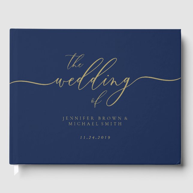 Libro De Visitas Boda Simple Dorado Azul Marino (Anverso)