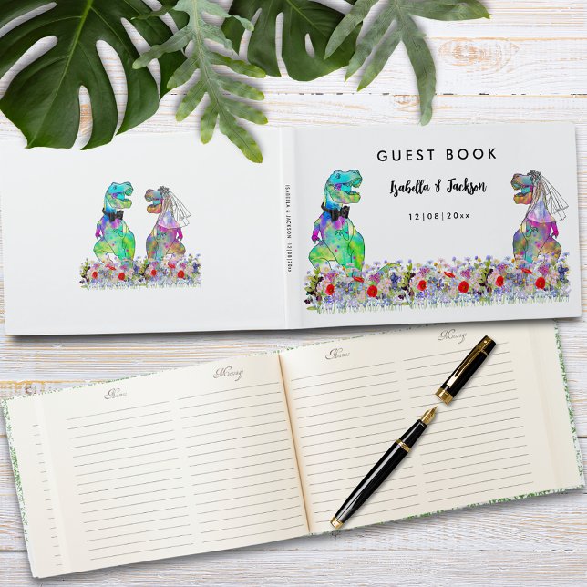 Libro De Visitas Boda temática de dinosaurios (Dinosaur themed wedding custom guest book with fun T-Rex bride and groom with colorful wildflowers)