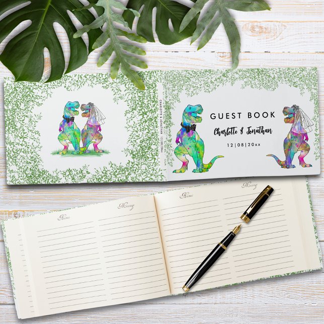 Libro De Visitas Boda temática de dinosaurios coloridos (Colorful dinosaur themed wedding guest book with funny T-Rex bride and groom)