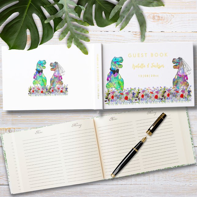 Libro De Visitas Boda temática de dinosaurios dorada (Dinosaur bride and groom colorful floral dinosaur wedding gold foil guest book)