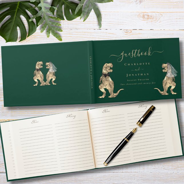 Libro De Visitas Boda temática de dinosaurios verde ( Dinosaur bride and groom wedding dark green custom guest book with funny T-Rex bride and groom dino)