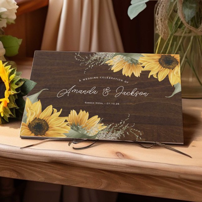Libro De Visitas Boda temática del girasol de la madera rústica (Rustic wooden sunflower wedding guestbook, for country barn wedding on summer or fall.)