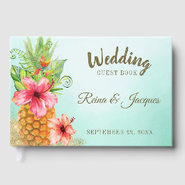 Libro De Visitas Boda Tropical de Acuarela Floral Piña