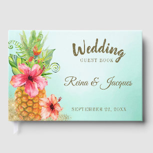Libro De Visitas Boda Tropical de Acuarela Floral Piña