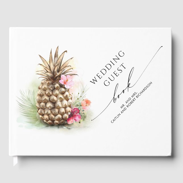 Libro De Visitas Boda Tropical Floral Gold Pineapple (Anverso)