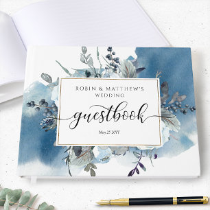 Libro De Visitas Boda u otro, acuarela azul y floral