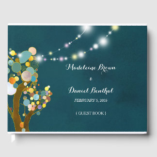 Libro De Visitas Boda Verde azulado de árboles de luz de cadena