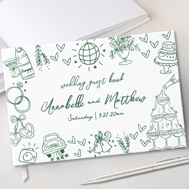 Libro De Visitas Boda verde esmeralda caprichoso (Hand Drawn Whimsical Emerald Green Wedding Guest Book)