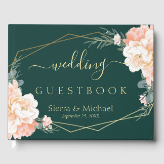 Libro De Visitas Boda verde esmeralda de oro de crema de maceta flo