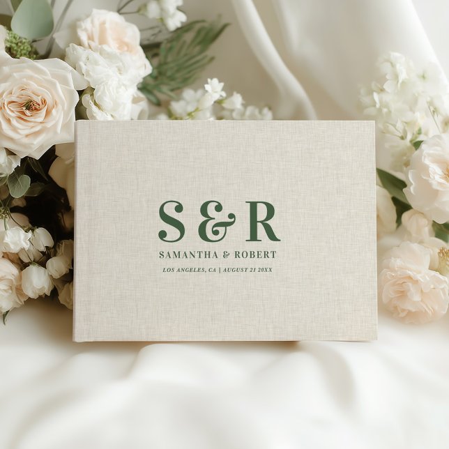 Libro De Visitas Boda verde oscuro Monograma Beige Linen (Subido por el creador)