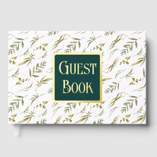 Libro De Visitas Boda verde patrón de hoja botánica Relieve metaliz