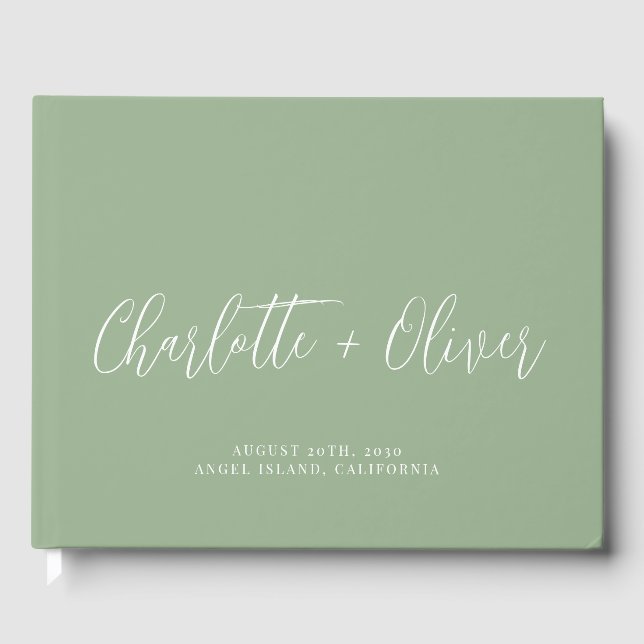 Libro De Visitas Boda verde sabio con guión personalizado minimalis (Anverso)