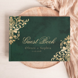 Libro De Visitas Boda victoriana ornamentada esmeralda verde y dora