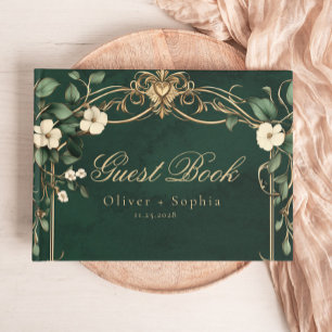 Libro De Visitas Boda Vintage Art Nouveau Verde y Dorado