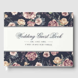 Libro De Visitas Boda Vintage con Floral Azul y Mauve Marina