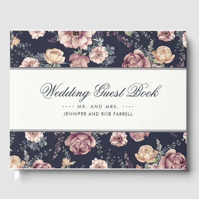 Libro De Visitas Boda Vintage con Floral Azul y Mauve Marina (Anverso)