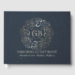 Libro De Visitas Boda vintage con flores de oro y marina