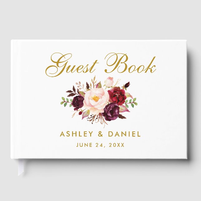 Libro De Visitas Boda Watercolor Floral Burgundy Gold (Anverso)