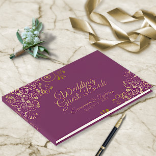 Libro De Visitas Bodas de oro y Cassis Boda Purple Elegante