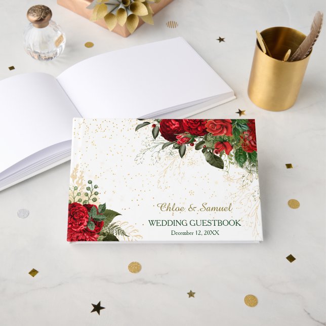 Libro De Visitas Bodas de Rosas Rojas y Confeti (Anverso Abierto)