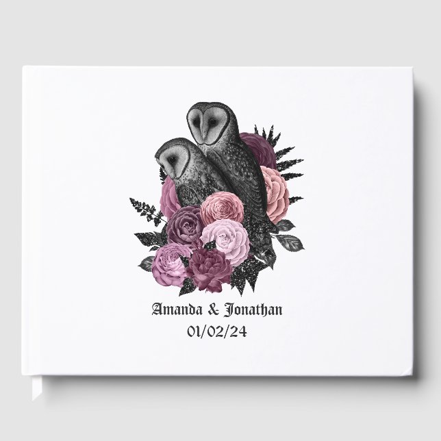 Libro De Visitas Bodas Góticas de Búhos Florales Malva (Anverso)