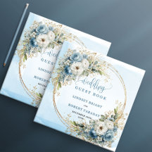 Bohemian Light Blue Floral Gold Glitter Guest Book
