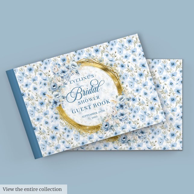 Libro De Visitas Boho Azul Polvoriento Dorado Flores Silvestres Duc (Boho Dusty Blue Gold Wild Flowers Bridal Shower Guest Book)