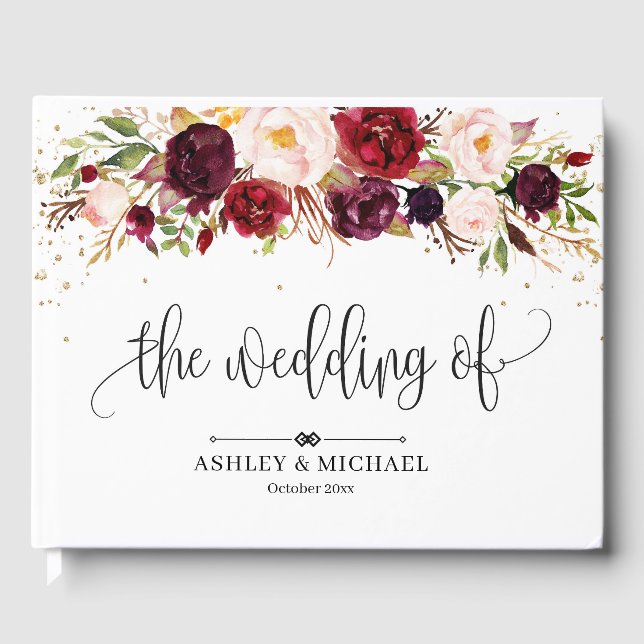 Libro De Visitas Boho Burgundy marsala boda floral rosa (Anverso)