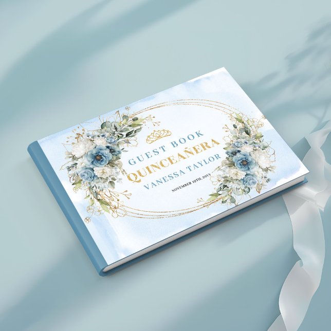 Libro de visitas boho de Quinceañera con hojas azu (Quinceañera Boho Guest Book Pale Blue Gold Leaves)