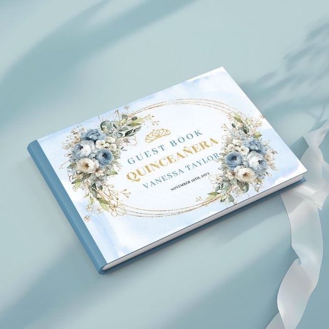 Libro de visitas boho dusty blue gold eucalipto fl (Boho Dusty Blue Gold Eucalyptus Floral Guestbook)
