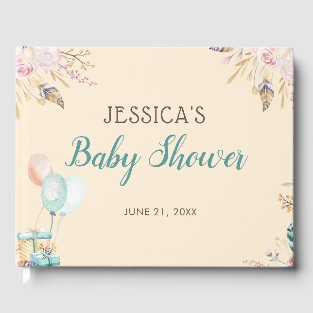 Libro De Visitas Boho Feathers Floral Baby Shower (Anverso)