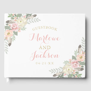Libro De Visitas Boho Floral Pluma Monograma Boda Blanca