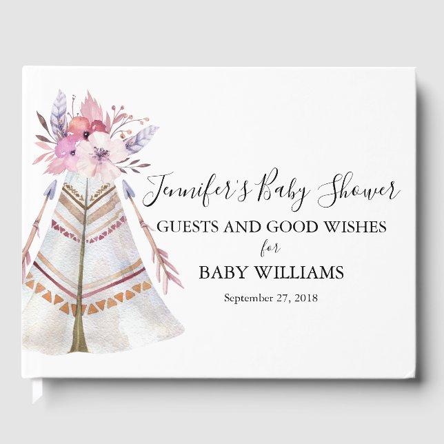 Libro De Visitas Boho Floral Tribal Teepee Baby Shower (Anverso)