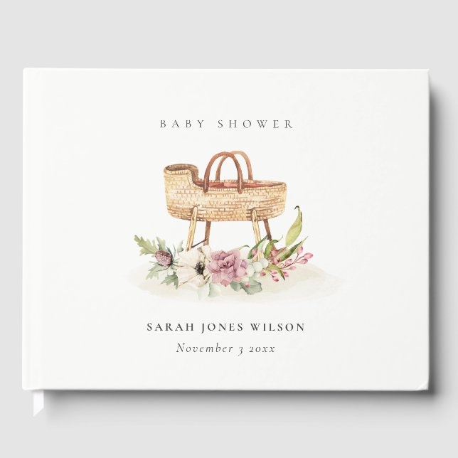 Libro De Visitas Boho Nursery Bassinet Floral Rosa Baby Shower (Anverso)