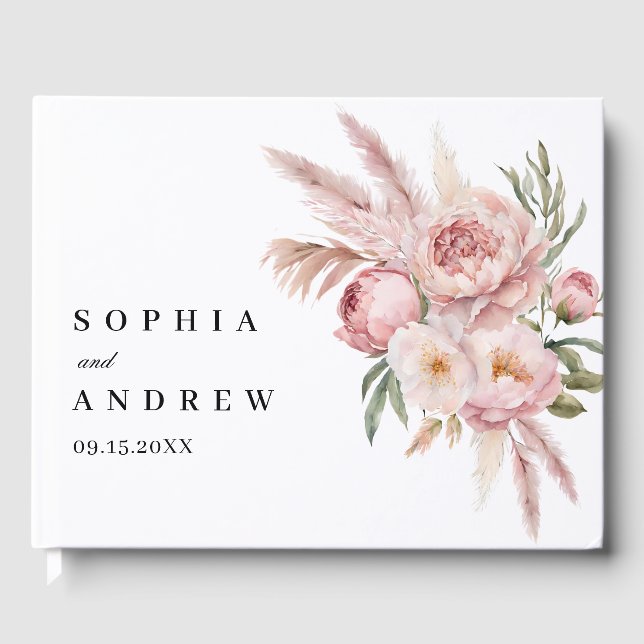 Libro De Visitas Boho Pink Flowers Boda de Grass Pampas (Anverso)