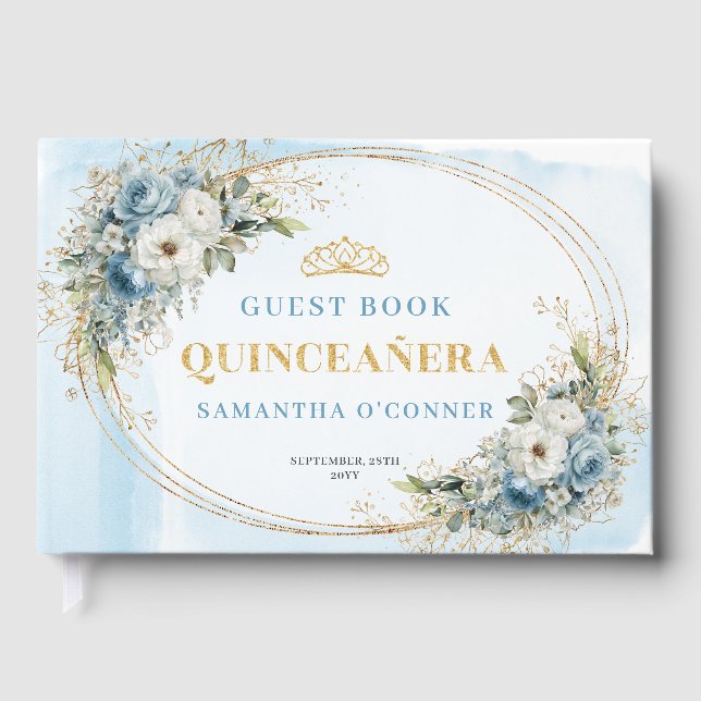 Libro De Visitas Boho Quinceañera Dusty Blue Gold Eucalyptus  (Anverso)