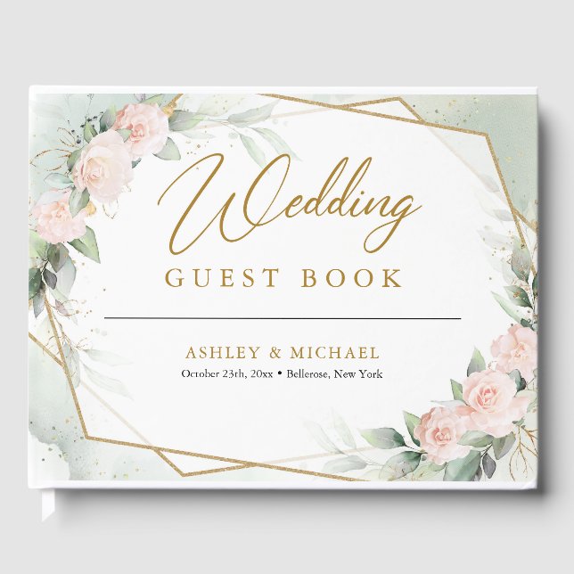 Libro De Visitas Boho Rubor flores rosas vegetación y boda dorado (Anverso)