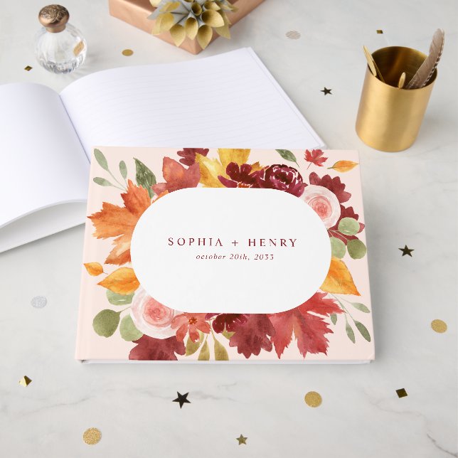 Libro De Visitas Boho Rustic Floral Burgundy Fall Wedding (Anverso Abierto)