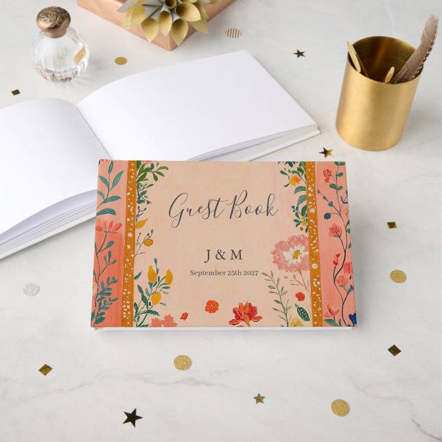 Libro De Visitas Boho Summer Pink Floral Wedding (Anverso Abierto)