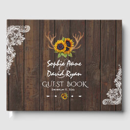 Libro De Visitas Boho Sunflowers Antlers Wood Lace Boda