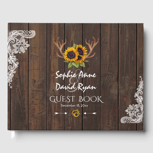 Libro De Visitas Boho Sunflowers Antlers Wood Lace Boda (Anverso)