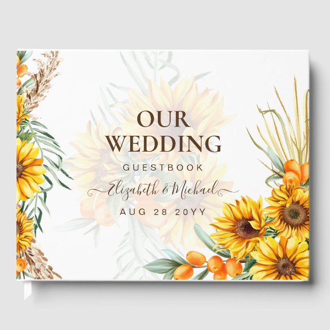 Libro De Visitas BOHO Sunflowers Pampas Grass Boda Guest Book (Anverso)