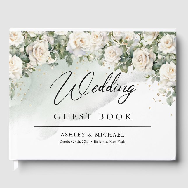 Libro De Visitas Boho White Roses Greeneration y Gold boda (Anverso)
