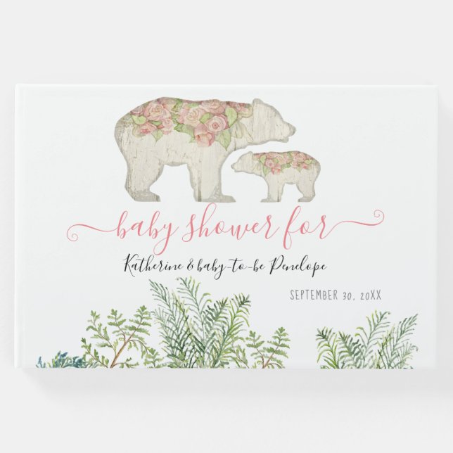 Libro De Visitas Boho Woodland Floral Bear Fern Foliage Baby Girl (Anverso)