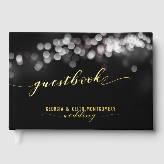 Libro De Visitas Bokeh Luces Black Gold Script Elegant Wedding (Anverso)