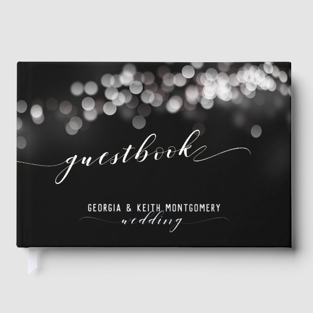 Libro De Visitas Bokeh Luces Black Silver Script Elegant Wedding (Anverso)